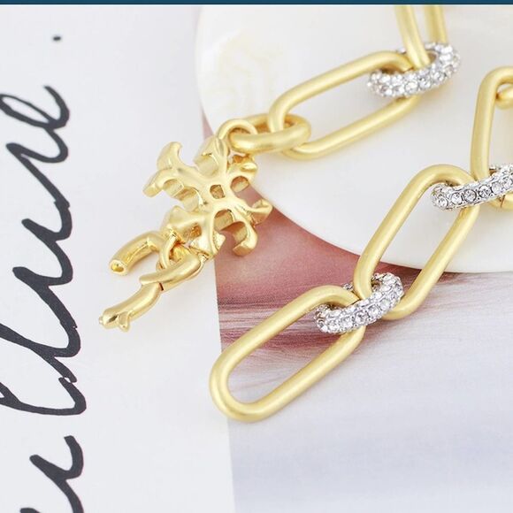 NWT Tory Burch Gold Link Circle Crystal Logo Bracelet - Picture 5 of 6